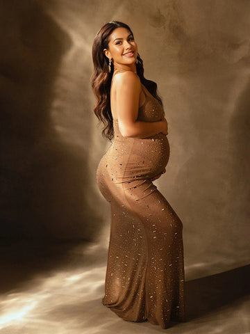 Apricot Sheer Rhinestone Diamond Cami Bodycon Fashion Party Club Maternity Photoshoot Baby Shower Maxi Dress Maternity